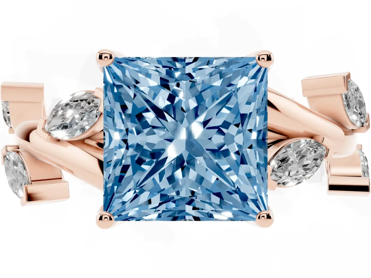 Fancy Blue Princess Cut Solitaire Twisted Band Marquise Accent Prong Setting Ring Rose gold