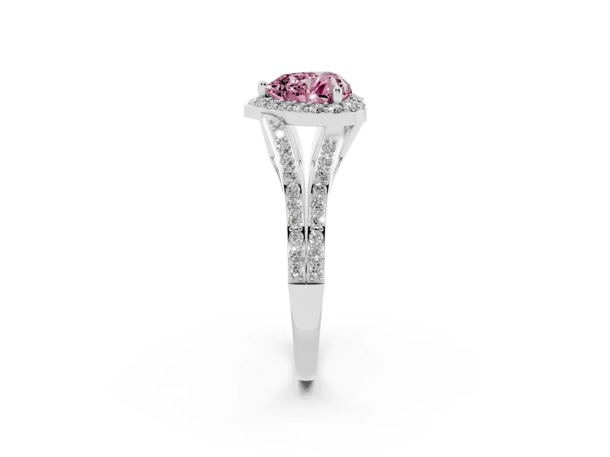 Fancy Pink Heart Cut Halo Split Shank Pave Diamond Ring with Four-Prong Setting Platinum