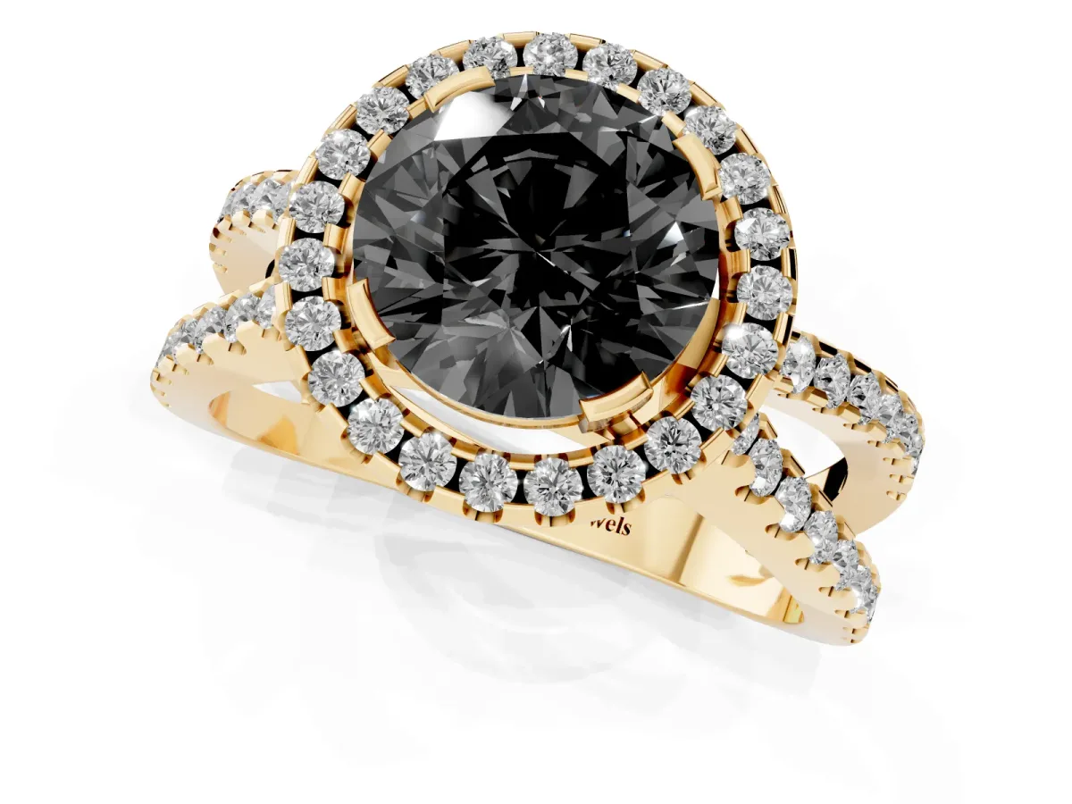 Fancy Black Round Cut Diamond Halo Ring with Split Shank Pavé Band and Prong Setting Yellow gold