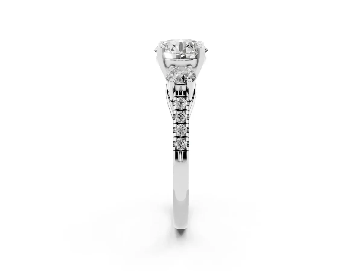 Three-Stone Round Cut Diamond Pavé Band with Four-Prong Setting Platinum