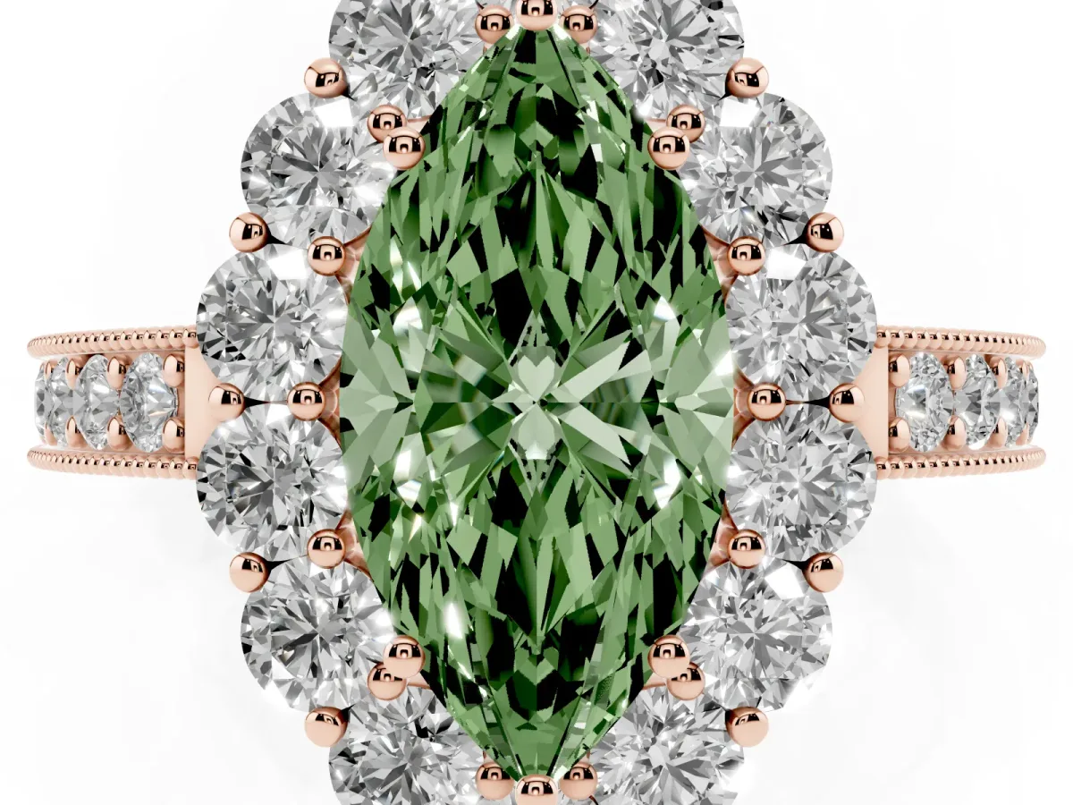Fancy Green Marquise Cut Cut Halo Diamond Pavé Engagement Ring with Milgrain Detailing Rose gold