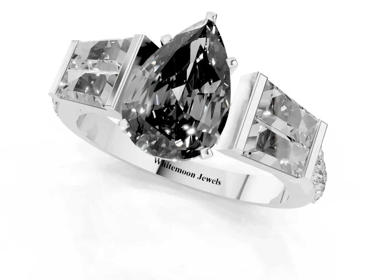 Fancy Black Pear Cut Diamond Engagement Ring with Baguette Side Stones and Channel Set Band Silver
