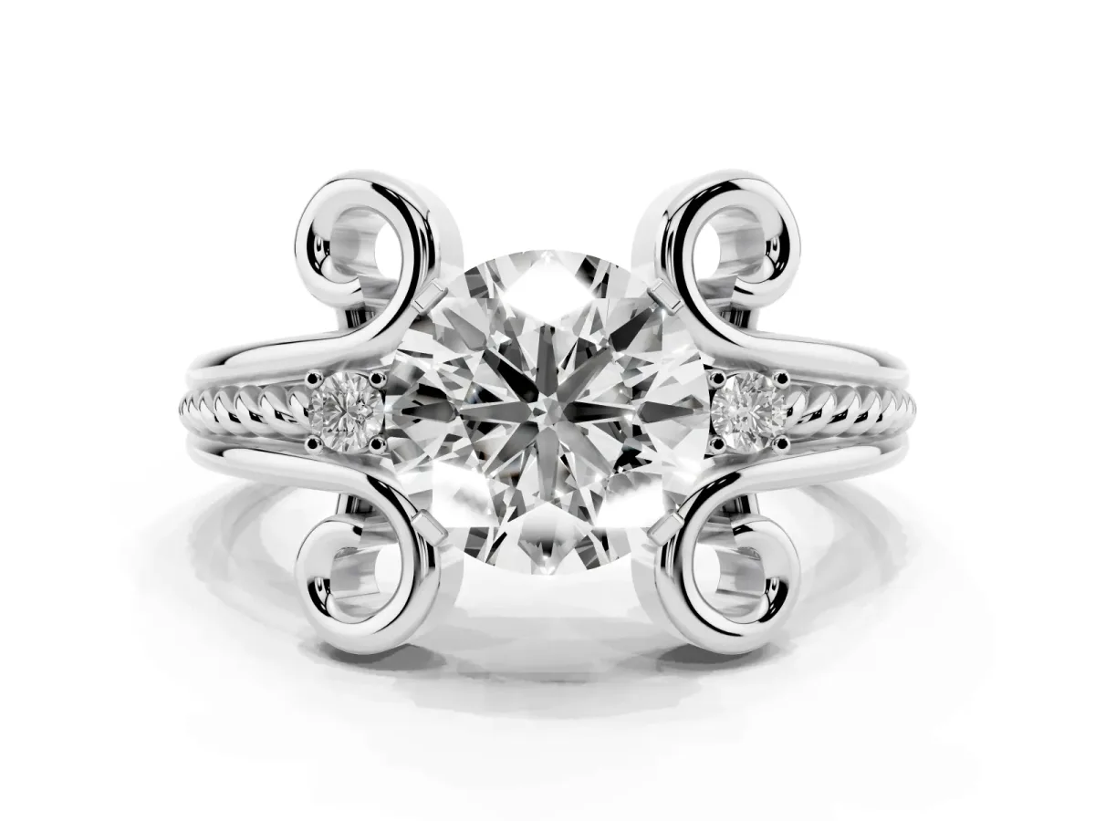 Round Cut Solitaire Twisted Band Scroll Prong Ring Silver
