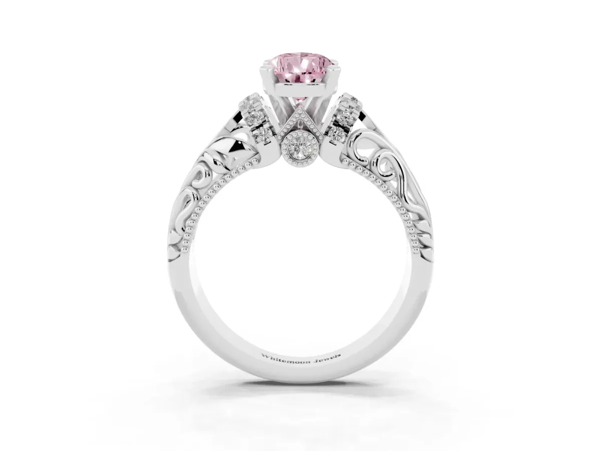 Fancy Pink Pear Cut Solitaire Filigree Engagement Ring with Halo and Prong Setting Silver
