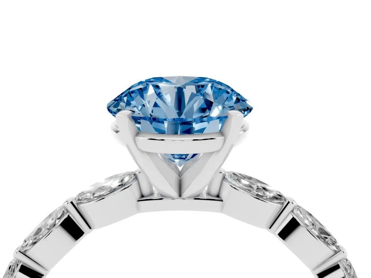 Fancy Blue Round Cut Diamond Ring with Marquise Side Stones and Prong Setting Platinum