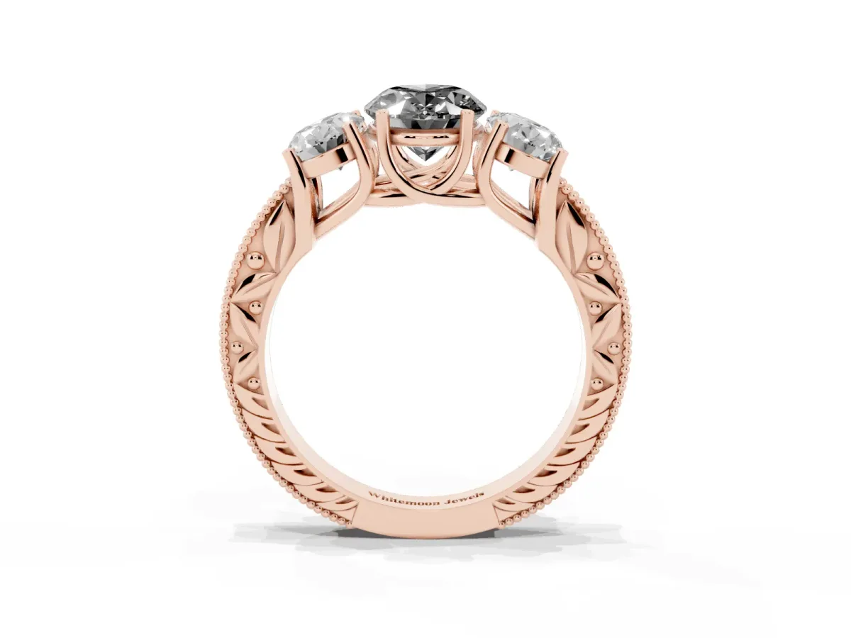 Fancy Black Three-Stone Oval Cut Cut Milgrain Pavé Engagement Ring Rose gold