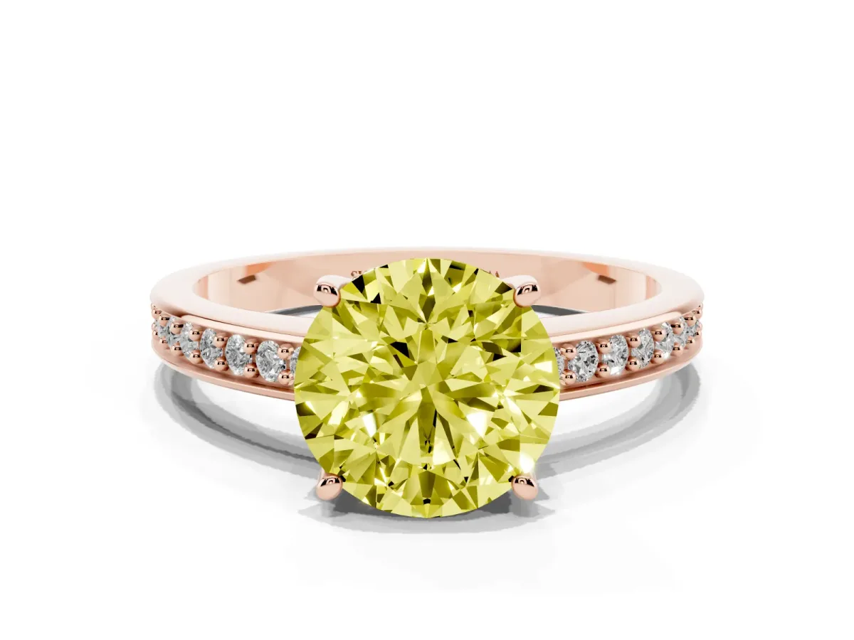 Fancy Yellow Round Cut Solitaire Pavé Band Prong Setting Ring Rose gold