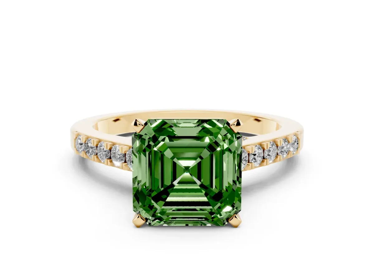 Fancy Green Asscher Cut Diamond Solitaire Ring with Crossover Gallery and Round Pavé Band Yellow gold
