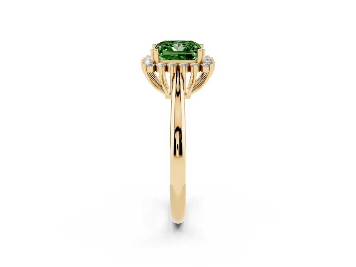 Fancy Green Princess Cut Cut Diamond Halo Ring with Solitaire Band and Prong Setting Yellow gold
