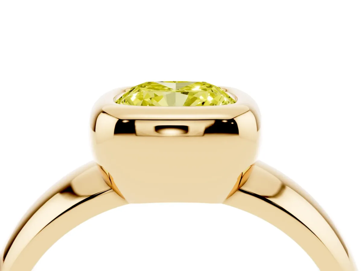 Fancy Yellow Bezel Set Cushion Cut Solitaire Ring with Wide Band Yellow gold