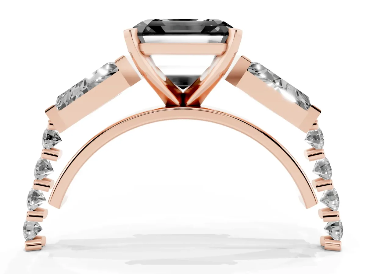 Fancy Black Asscher Cut Diamond Engagement Ring with Baguette Side Stones and Channel Set Band Rose gold