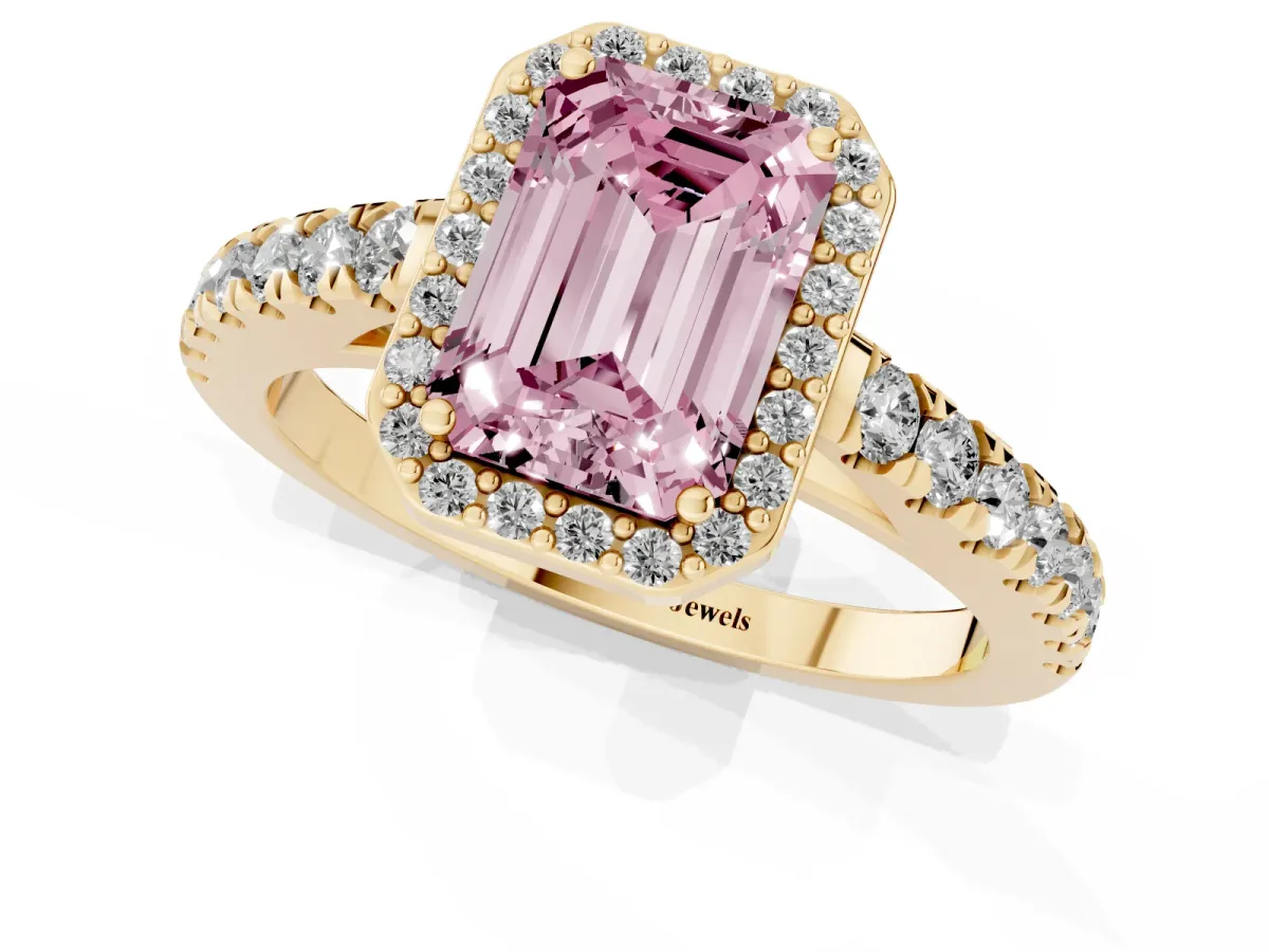 Fancy Pink Emerald Cut Cut Halo Diamond Engagement Ring with Pave Band and Four-Prong Setting Yellow gold