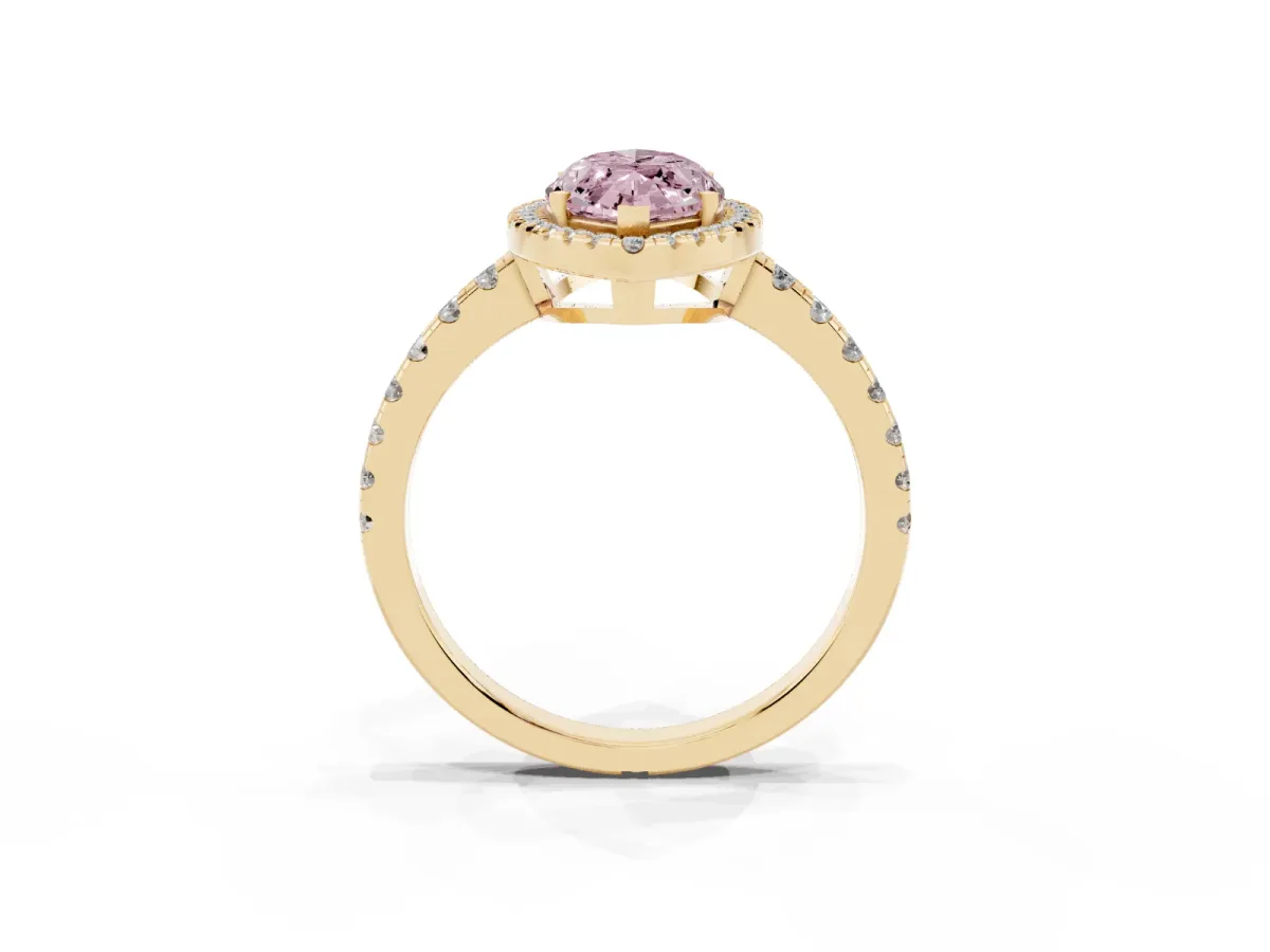 Fancy Pink Marquise Cut Diamond Halo Ring with Pavé Band and Four-Prong Setting Yellow gold