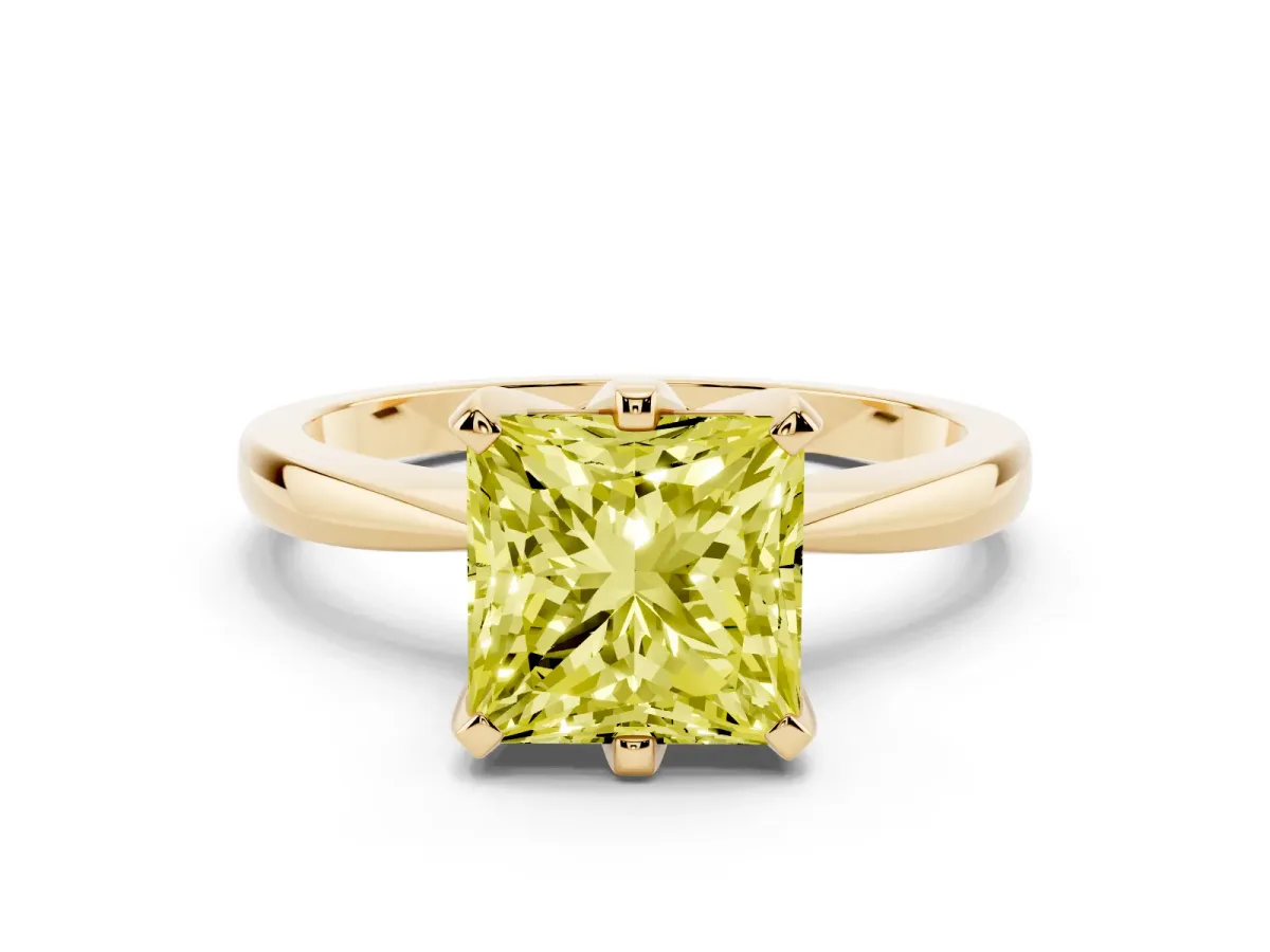 Fancy Yellow Princess Cut Solitaire Engagement Ring with Six-Prong Setting and Tapered Band Yellow gold