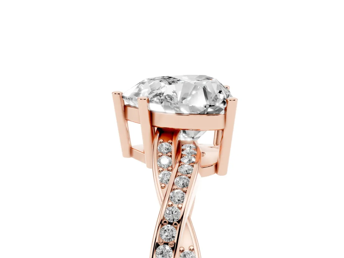 Heart Cut Solitaire Twisted Pave Diamond Ring with Four-Prong Setting Rose gold