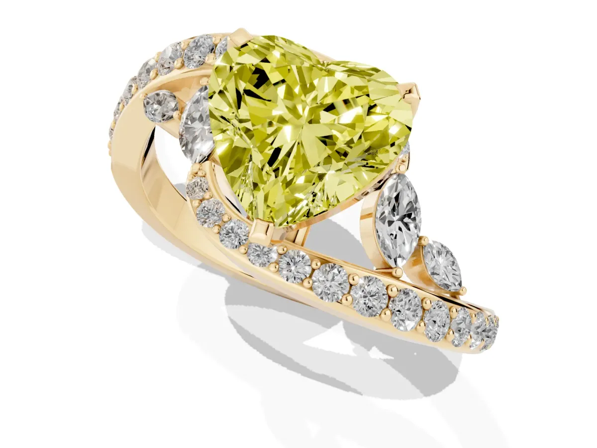 Fancy Yellow Heart Cut Solitaire with Pavé Twist Band and Four-Prong Setting Yellow gold