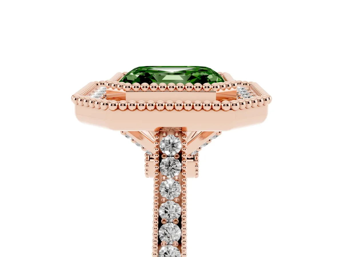 Fancy Green Asscher Cut Diamond Halo Ring with Milgrain Frame and Pavé Band Rose gold