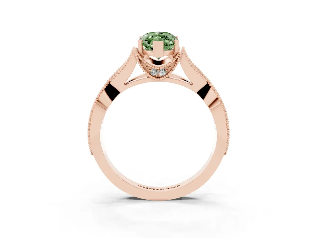 Fancy Green Marquise Cut Cut Diamond Twisted Band with Milgrain Pave Setting and Four-Prong Setting Rose gold