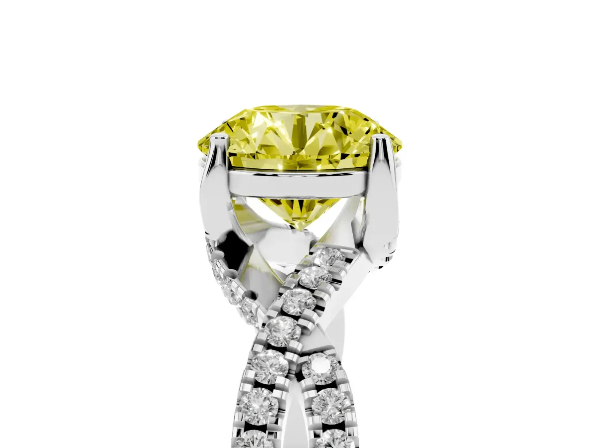 Fancy Yellow Round Cut Solitaire Twist Pave Diamond Engagement Ring with Prong Setting Silver