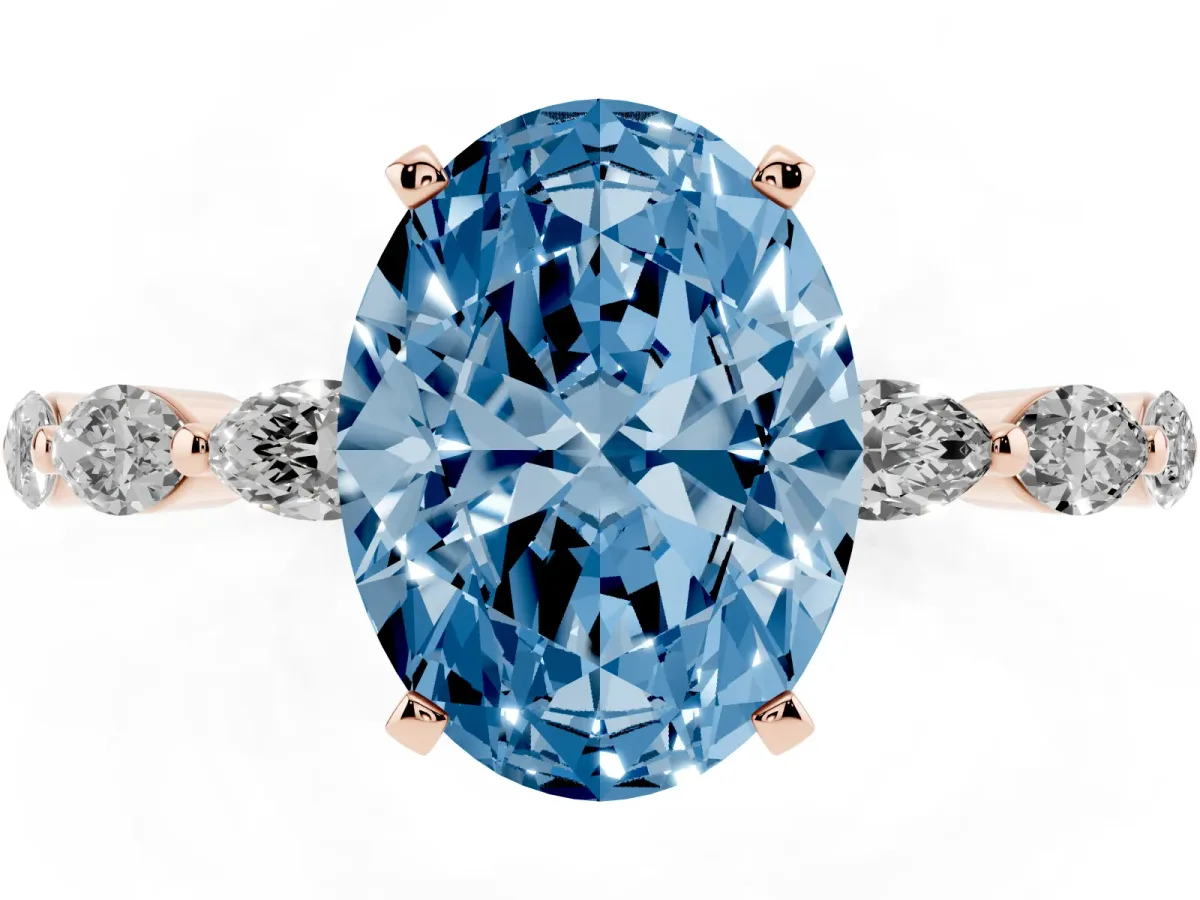 Fancy Blue Oval Cut Diamond Ring with Marquise Side Stones and Prong Setting Rose gold