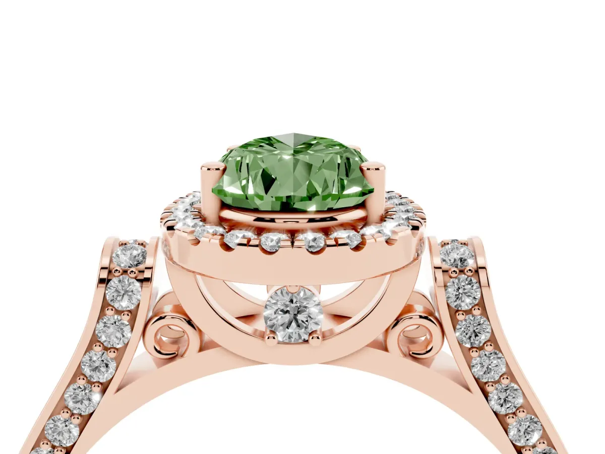 Fancy Green Pear Cut Halo Pave Split Shank Prong Setting Ring Rose gold