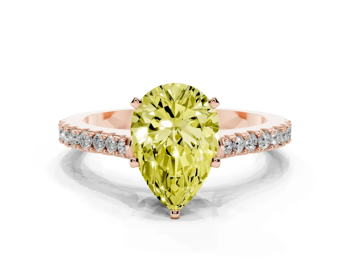 Fancy Yellow Pear Cut Cut Solitaire Diamond Engagement Ring with Pave Band and Four-Prong Setting Rose gold