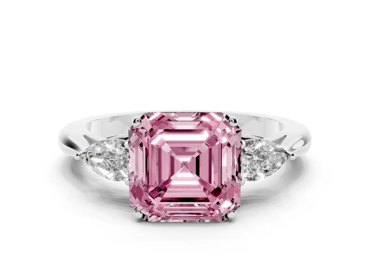 Fancy Pink Asscher Cut Diamond Three-Stone Ring with Pear Side Stones and Prong Setting Platinum