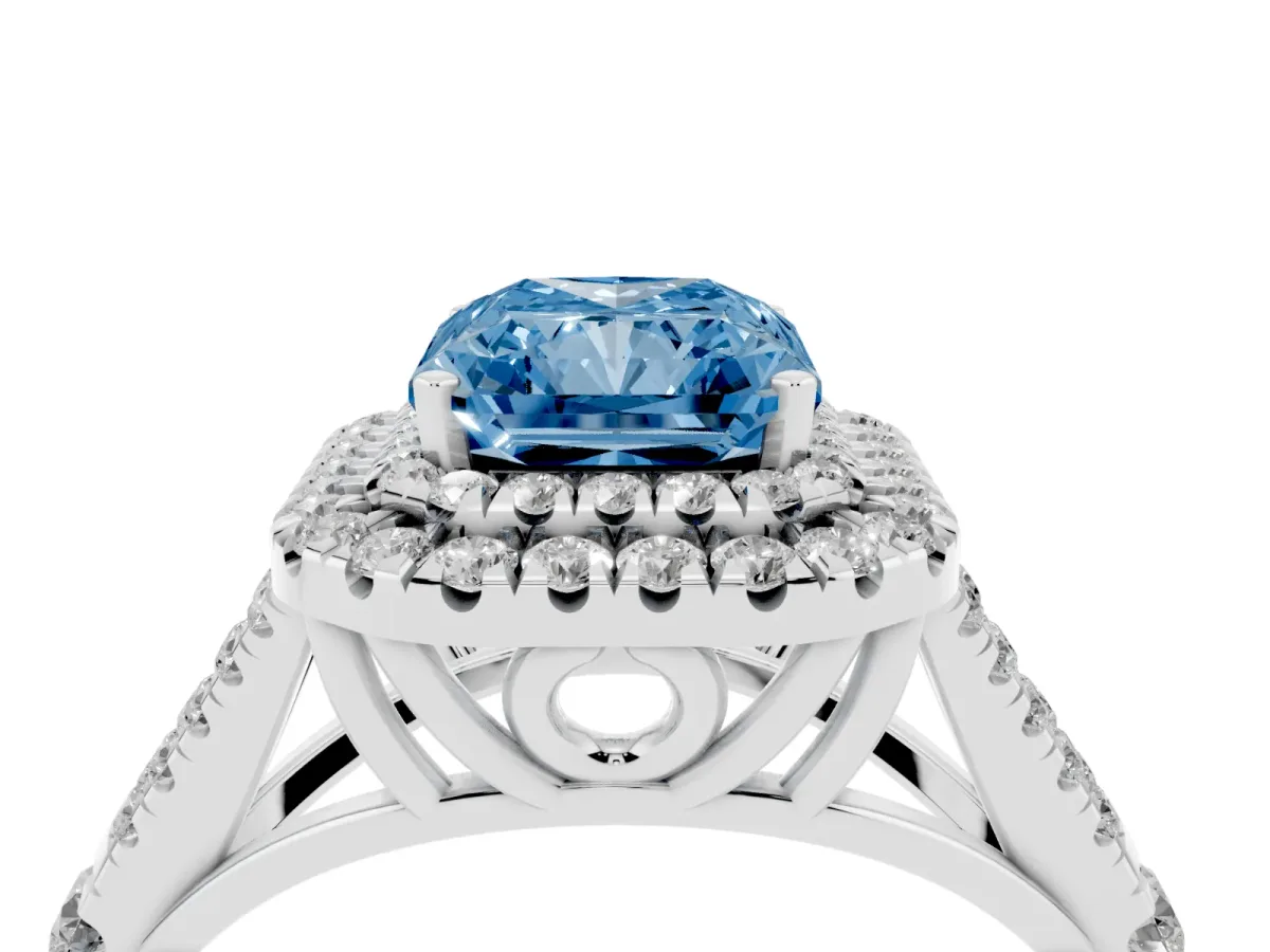 Fancy Blue Double Halo Radiant Cut Diamond Split Shank Engagement Ring with Four-Prong Setting Platinum