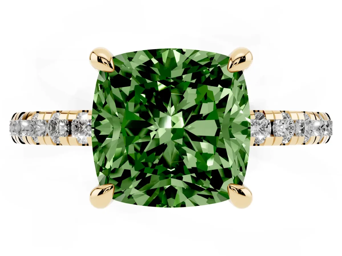 Fancy Green Cushion Cut Diamond Brilliant Solitaire Ring with Pavé Band and Four-Prong Setting Yellow gold