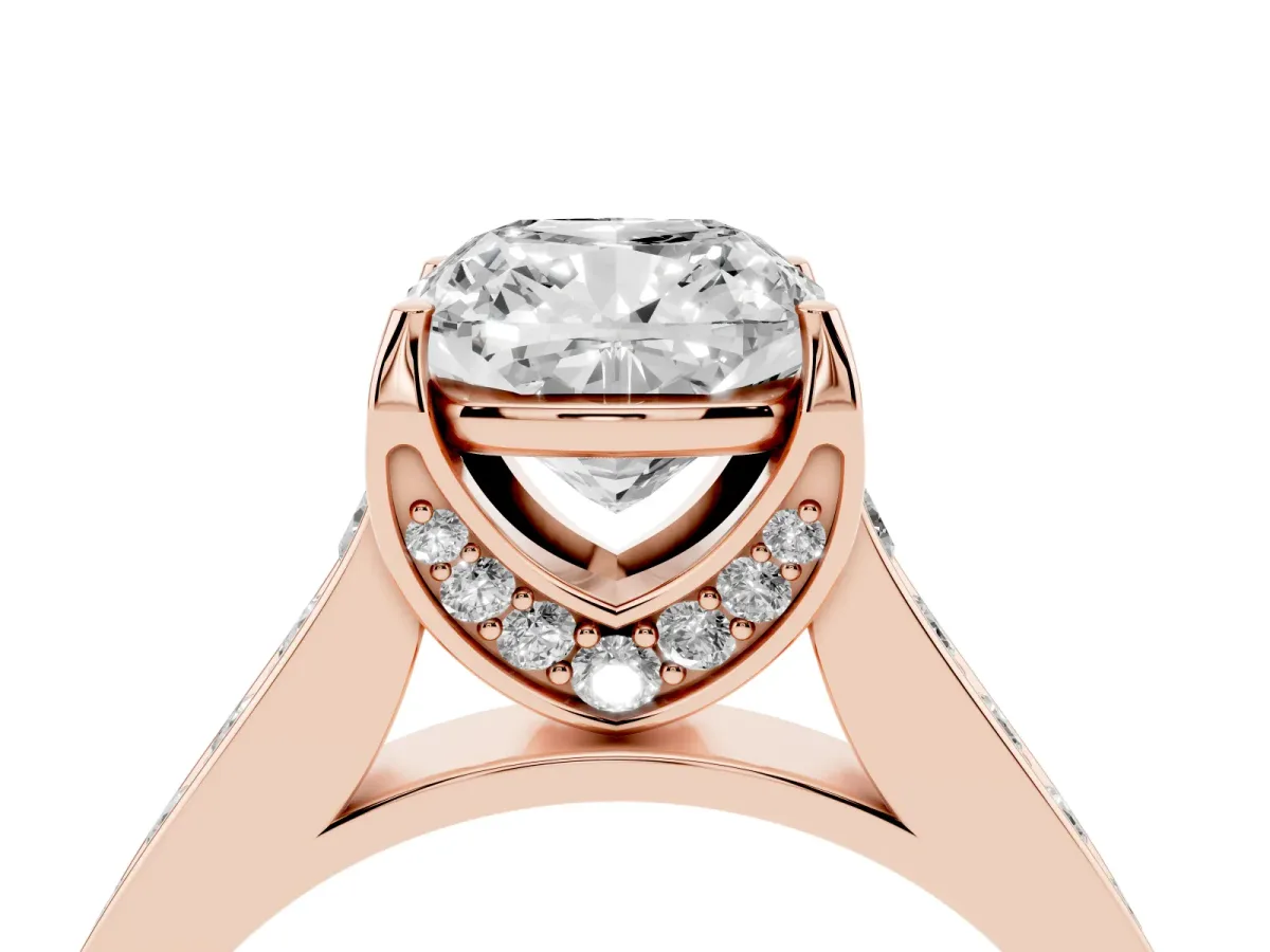 Cushion Cut Brilliant Cut Diamond Engagement Ring with Pavé Band and Four-Prong Setting Rose gold