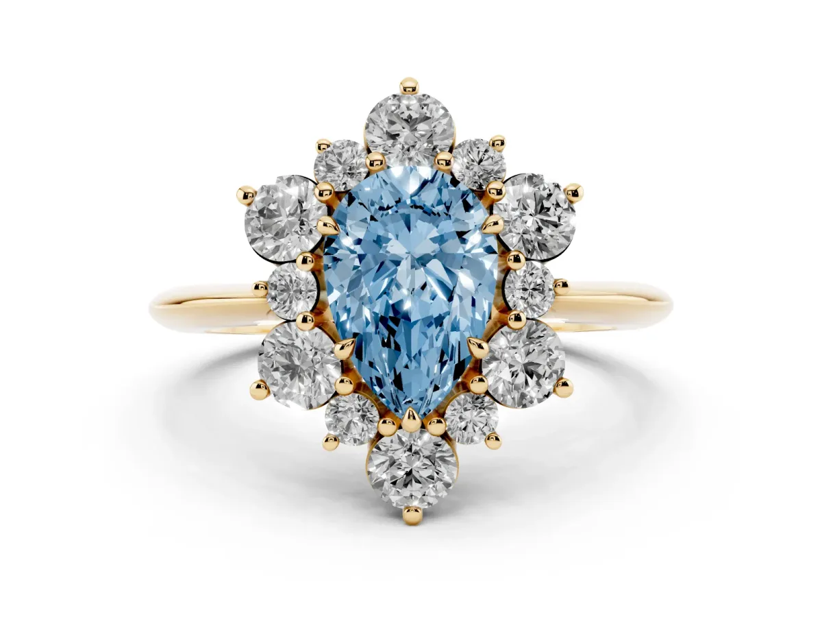 Fancy Blue Pear Cut Diamond Cluster Halo Ring with Solitaire Band and Four-Prong Setting Yellow gold
