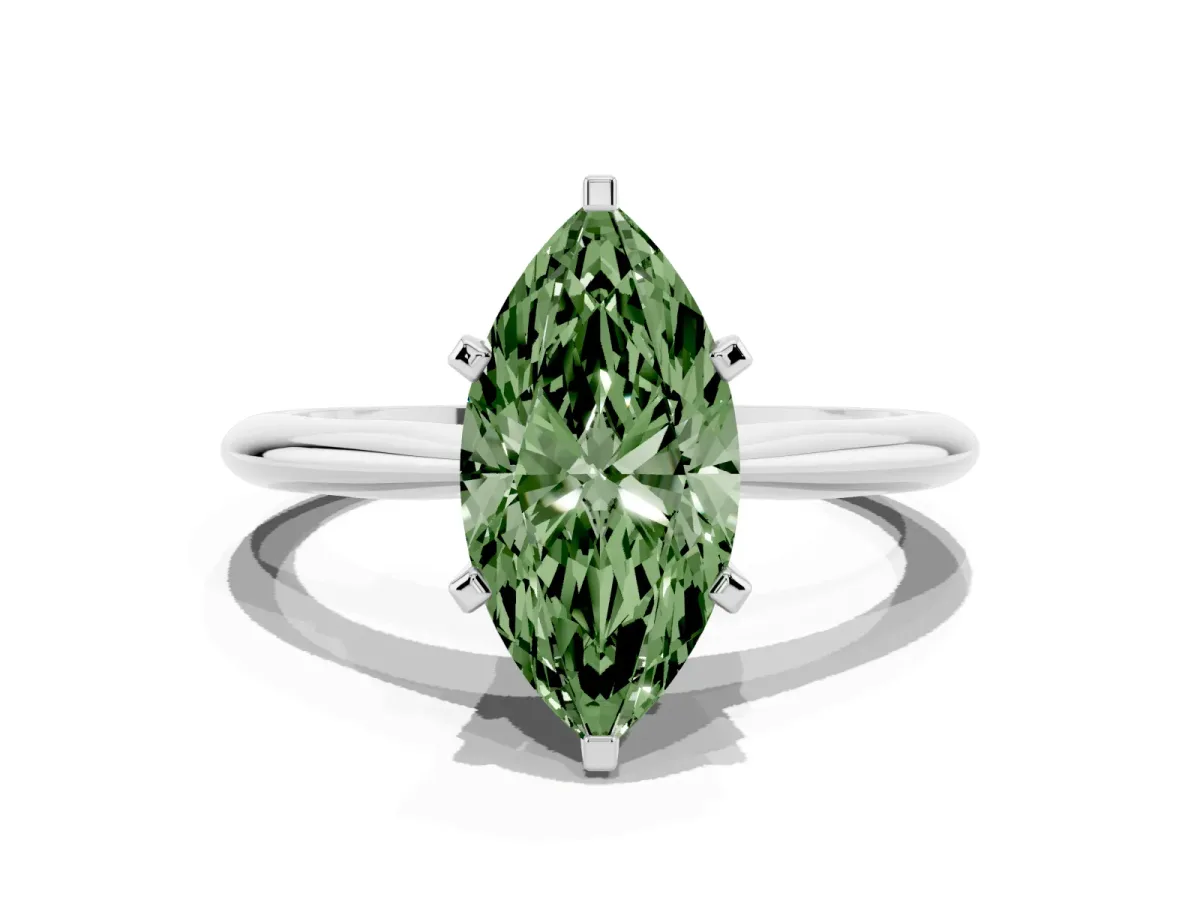 Fancy Green Marquise Cut Cut Solitaire Ring with Four-Prong Setting on a Classic Band Silver