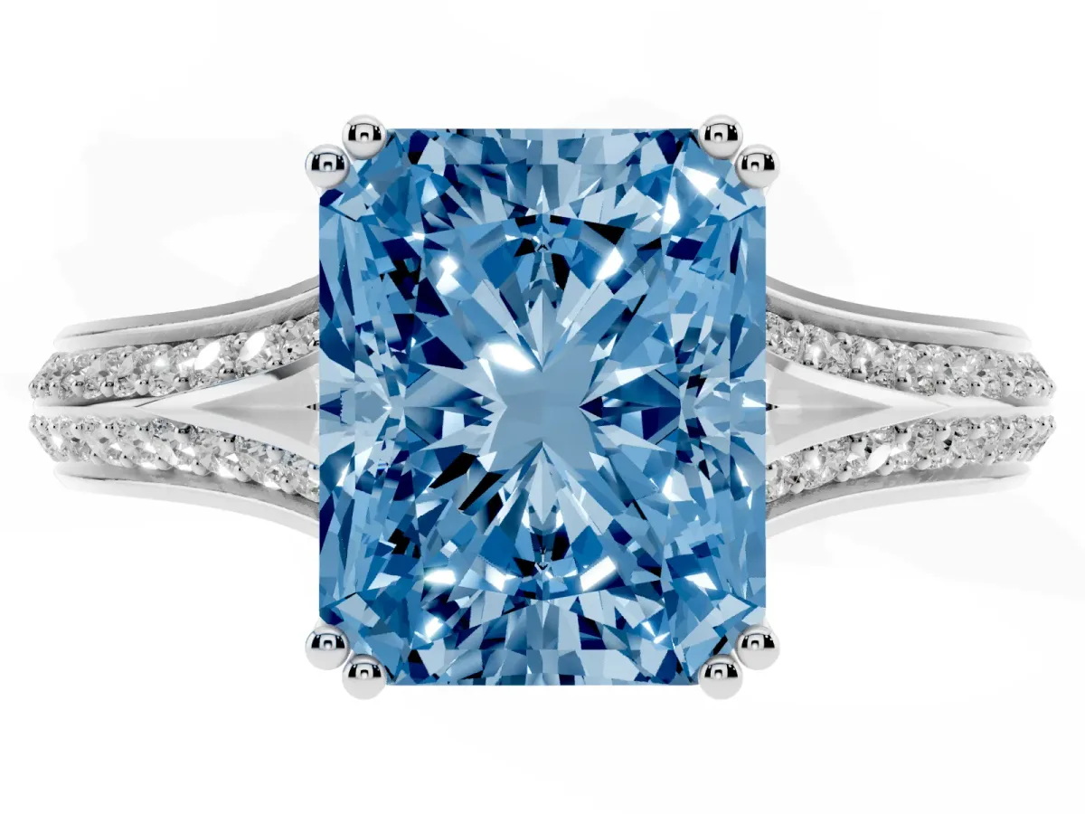 Fancy Blue Radiant Cut Diamond Split Shank Engagement Ring with Pavé Band Silver