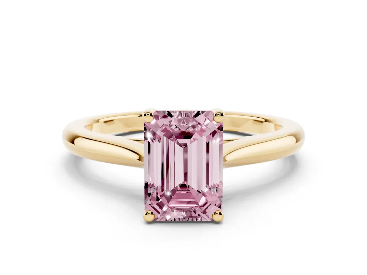 Fancy Pink Emerald Cut Cut Solitaire Ring with Cathedral Band and Four-Prong Setting Yellow gold