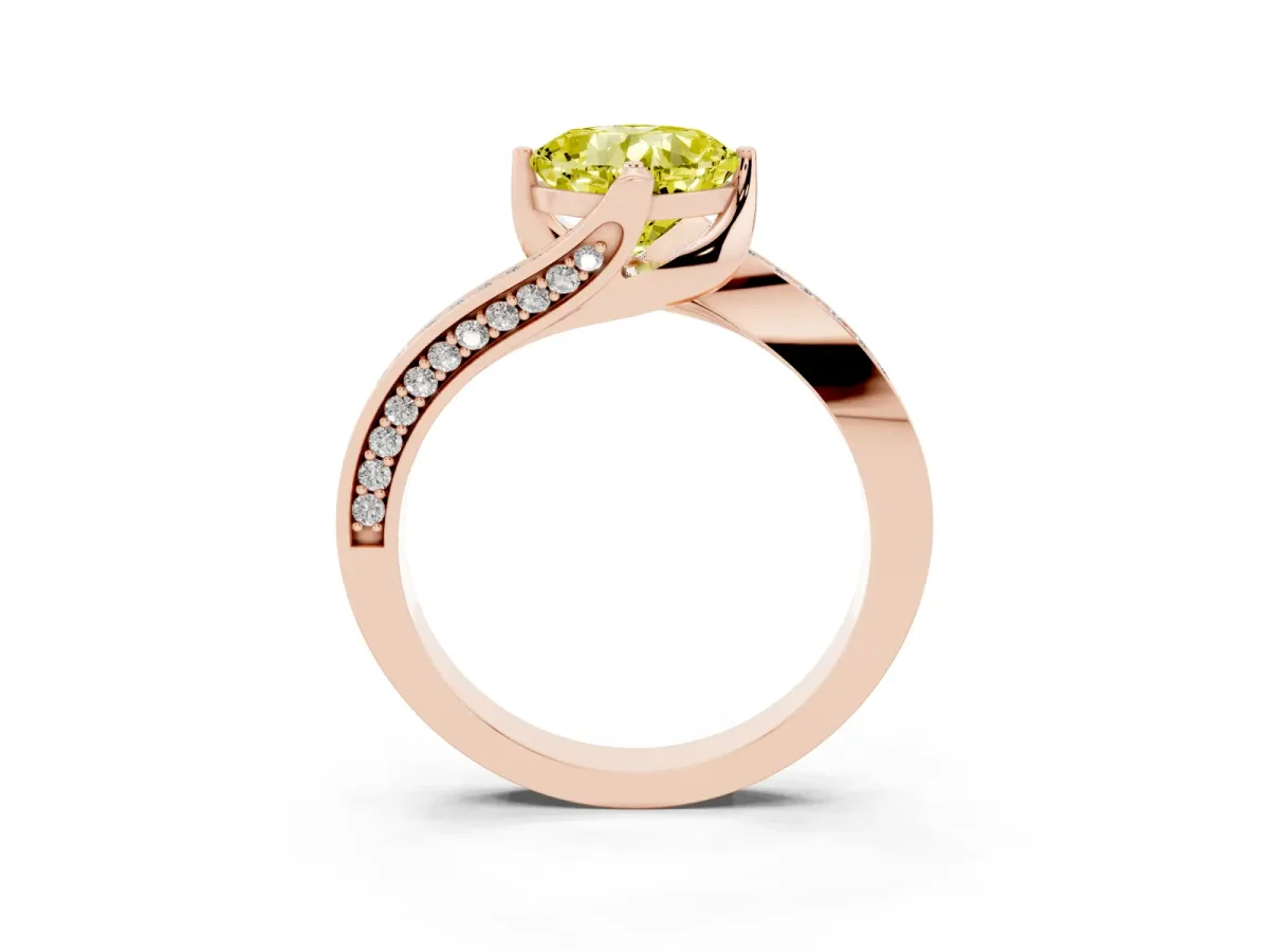 Fancy Yellow Cushion Cut Solitaire Diamond Twist Band with Pavé Setting and Four-Prong Setting Rose gold