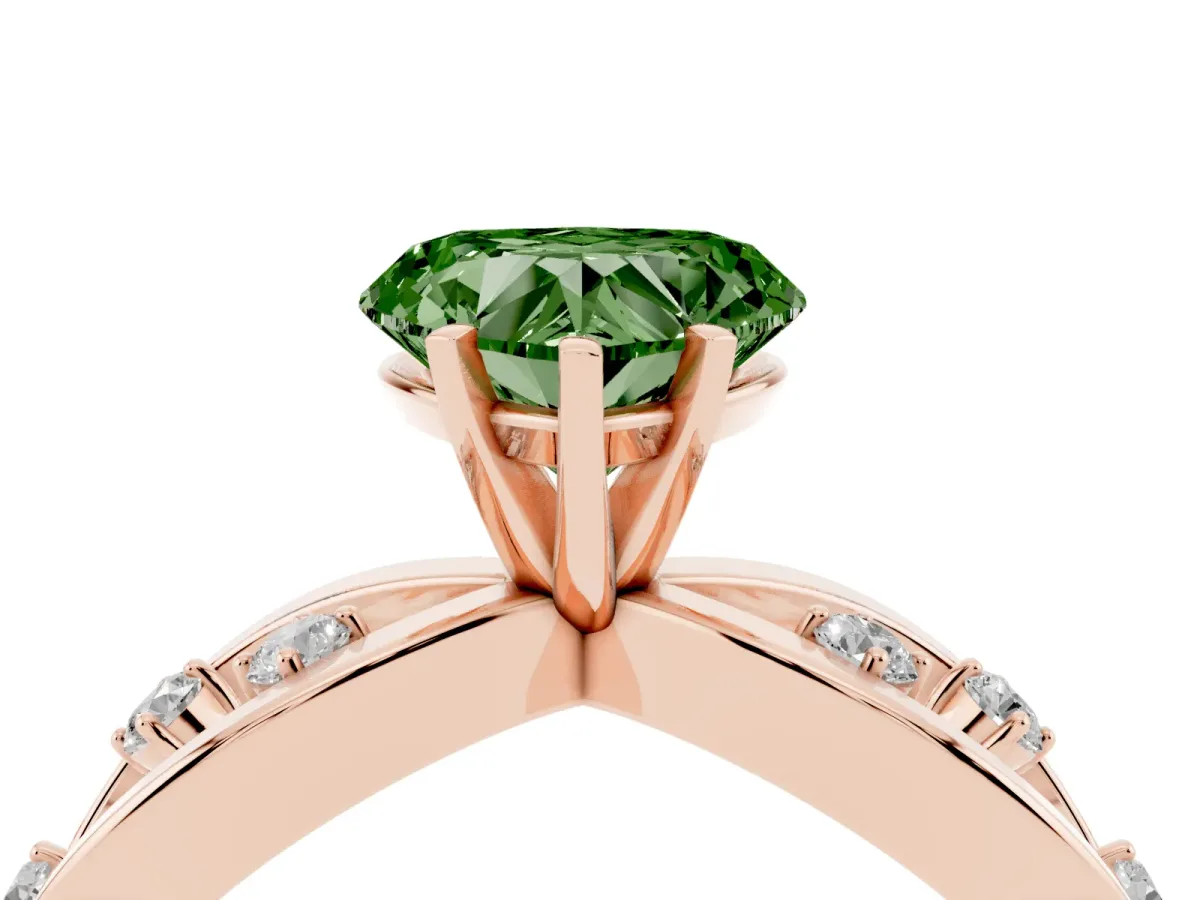 Fancy Green Heart Cut Cut Solitaire Diamond with Side Stones on Criss-Cross Band and Four-Prong Setting Rose gold