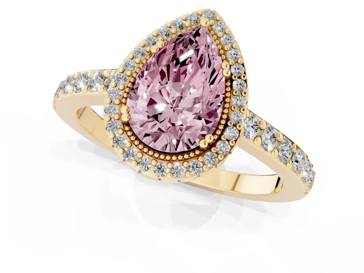 Fancy Pink Pear Cut Cut Diamond Halo Engagement Ring with Milgrain Detail and Pavé Band Yellow gold