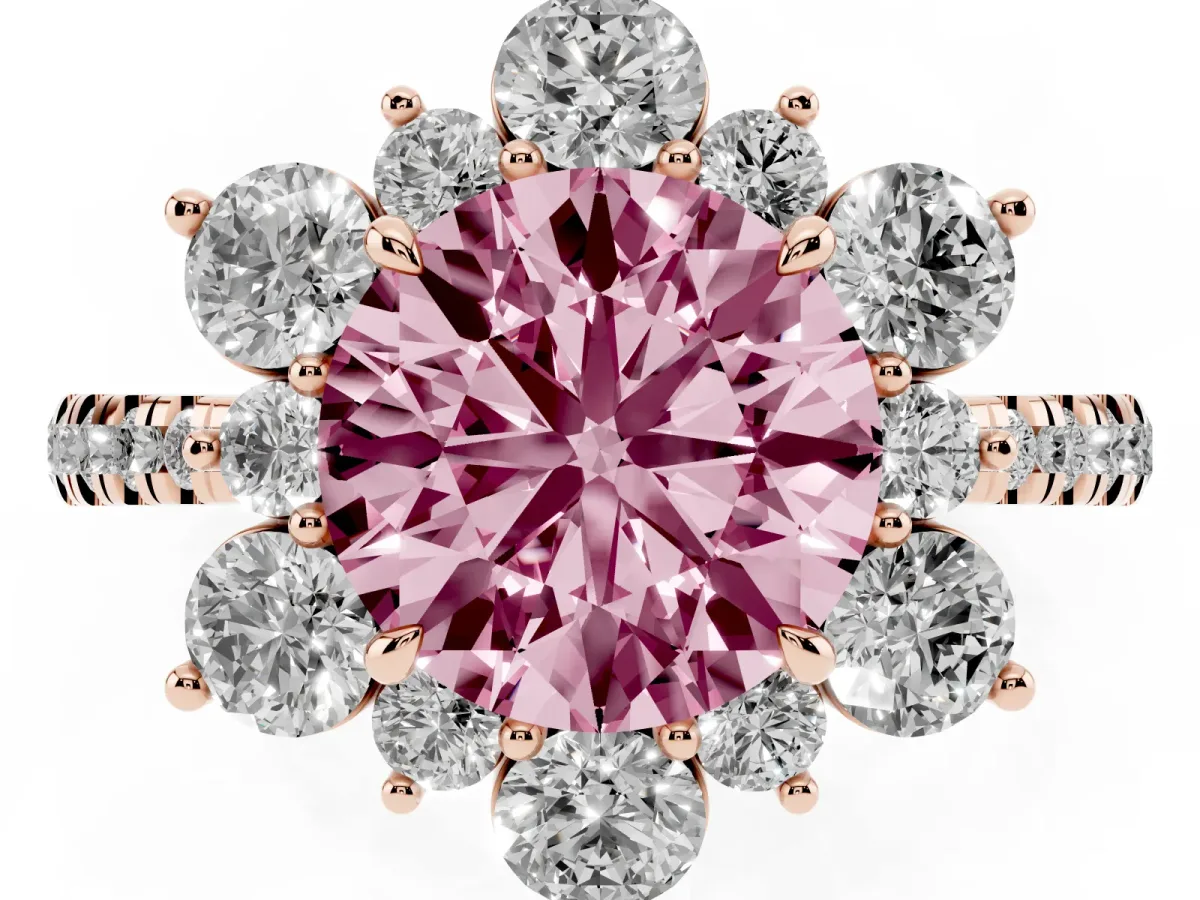 Fancy Pink Round Cut Diamond Floral Halo Ring with Round Pavé Band and Prong Setting Rose gold