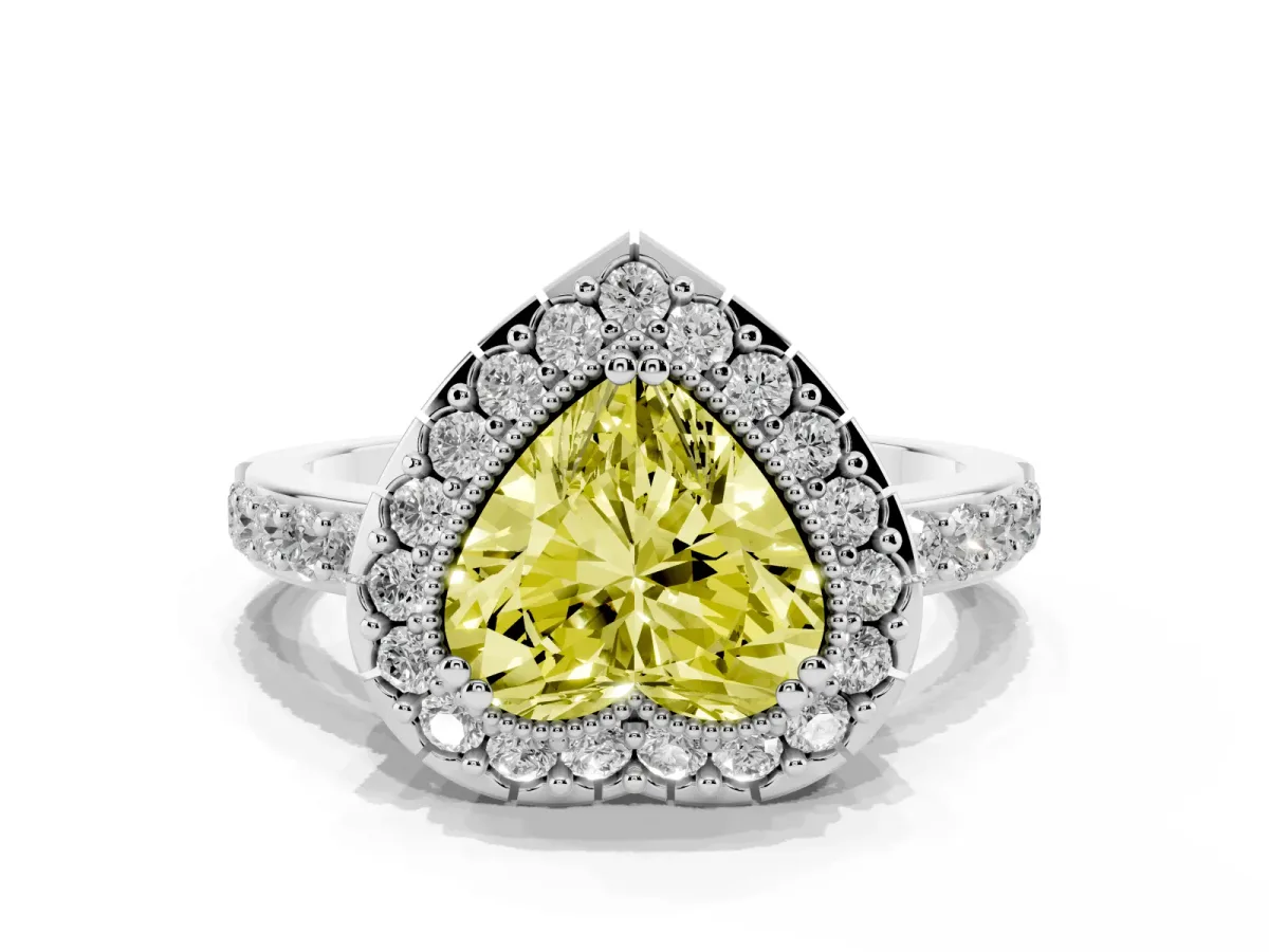Fancy Yellow Heart Cut Diamond Halo Ring with Pavé Band and Prong Setting Silver