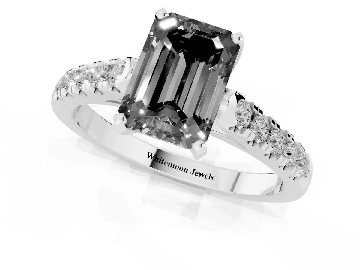 Fancy Black Emerald Cut Diamond Pavé Band Solitaire Ring with Prong Setting Silver