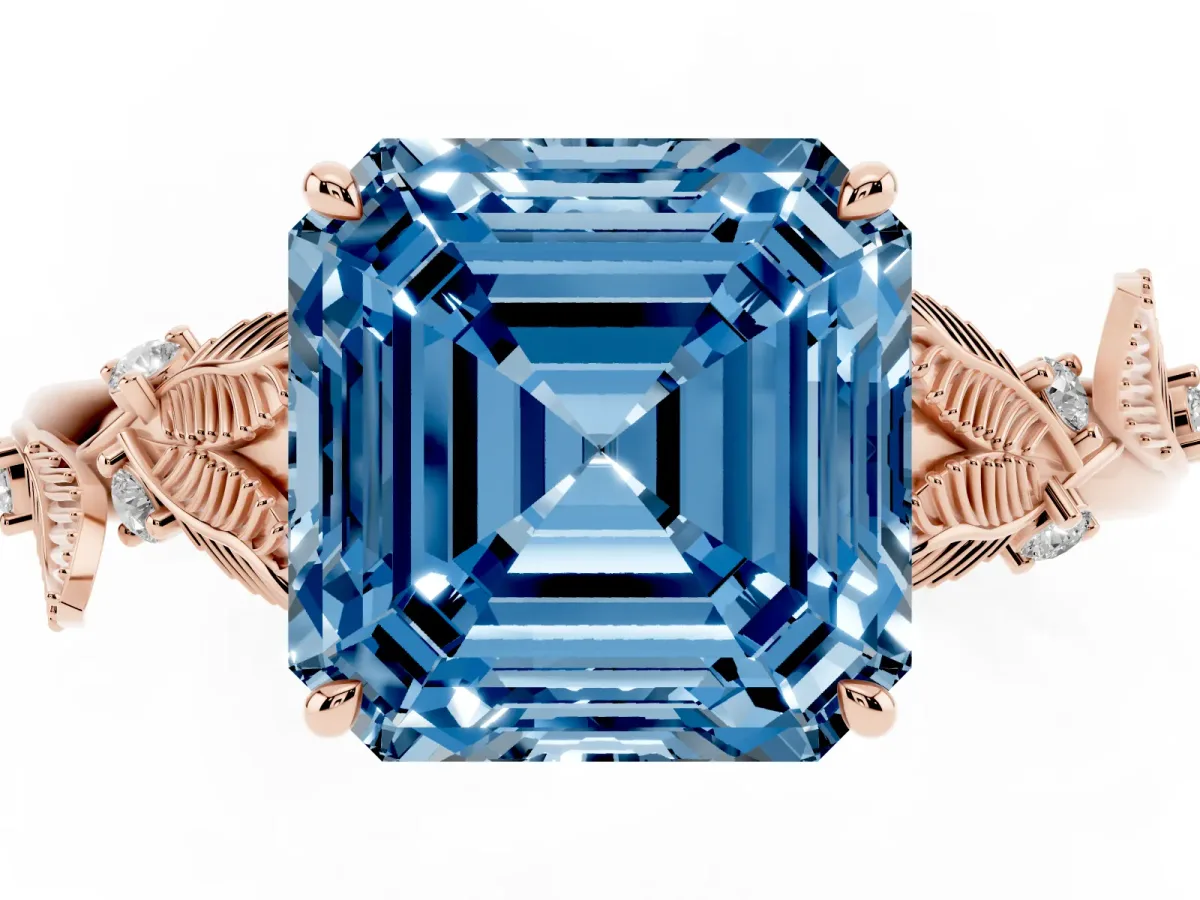 Fancy Blue Asscher Cut Diamond Solitaire Ring with Leaf Motif Band and Four-Prong Setting Rose gold