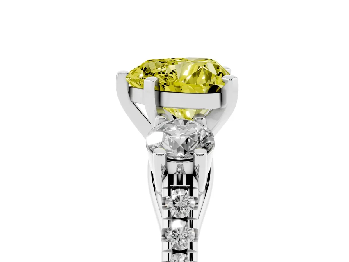 Fancy Yellow Three-Stone Heart Cut Diamond Pavé Band with Four-Prong Setting Silver