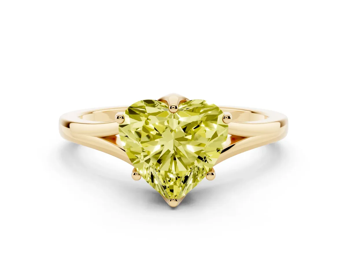 Fancy Yellow Heart Cut Solitaire Diamond Ring with Six-Prong Setting and Tapered Band Yellow gold