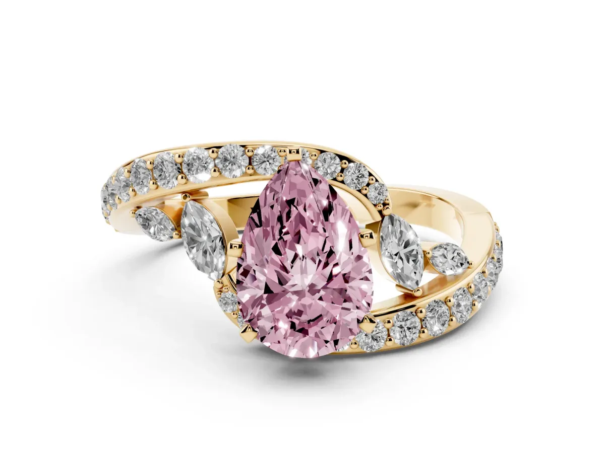 Fancy Pink Pear Cut Solitaire with Pavé Twist Band and Four-Prong Setting Yellow gold