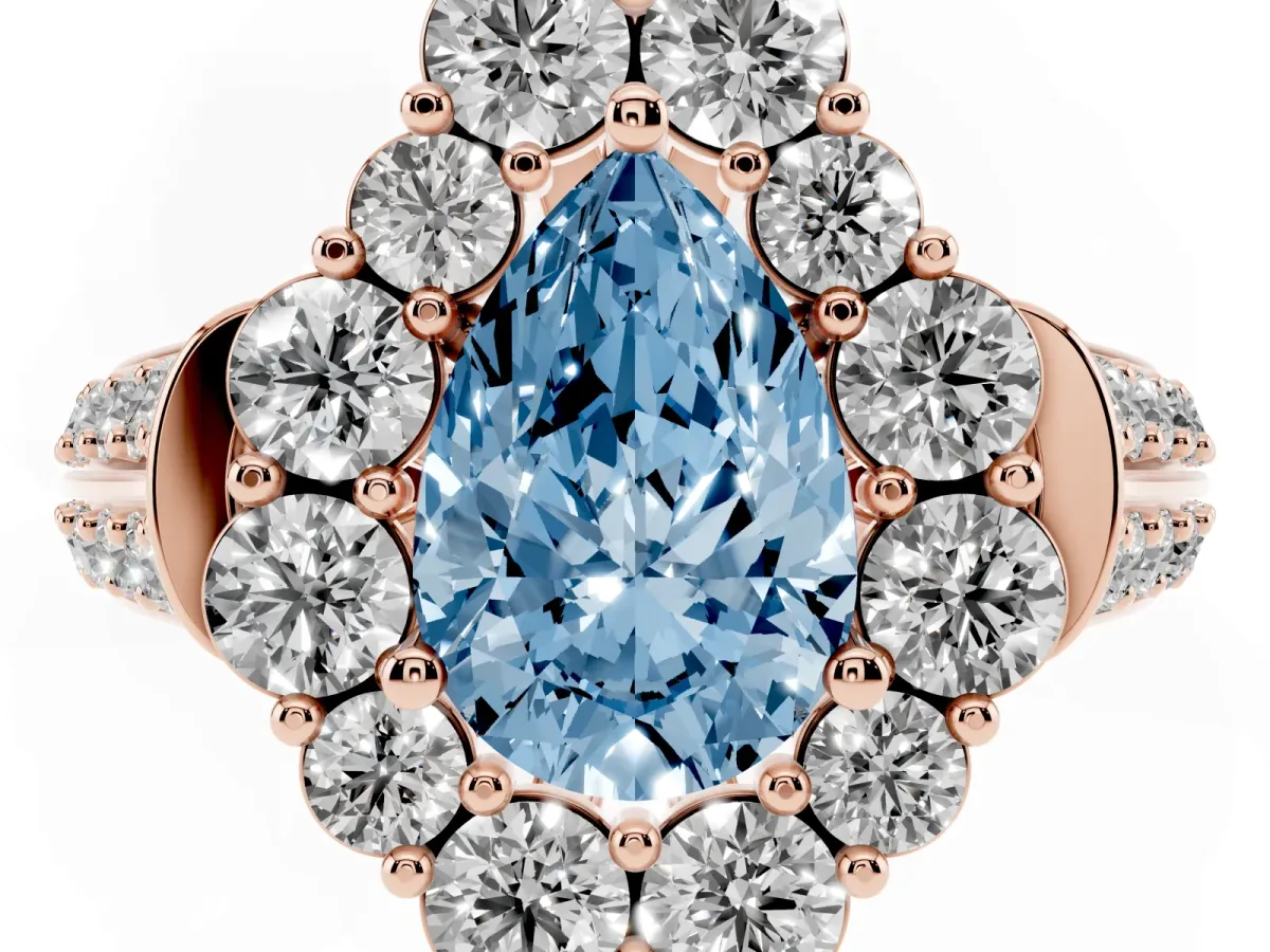Fancy Blue Pear Cut Halo Diamond Engagement Ring with Split Shank and Prong Setting Rose gold