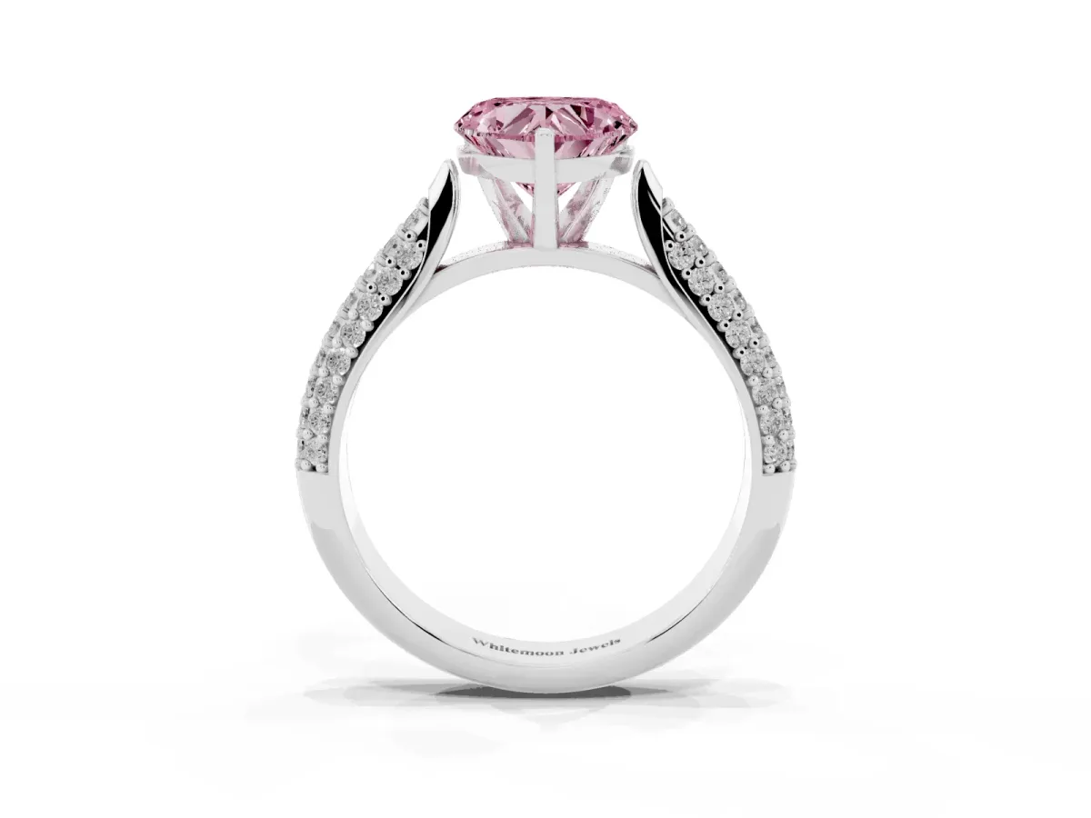 Fancy Pink Heart Cut Diamond Solitaire Engagement Ring with Multi-Row Round Pavé Band and Prong Setting Silver