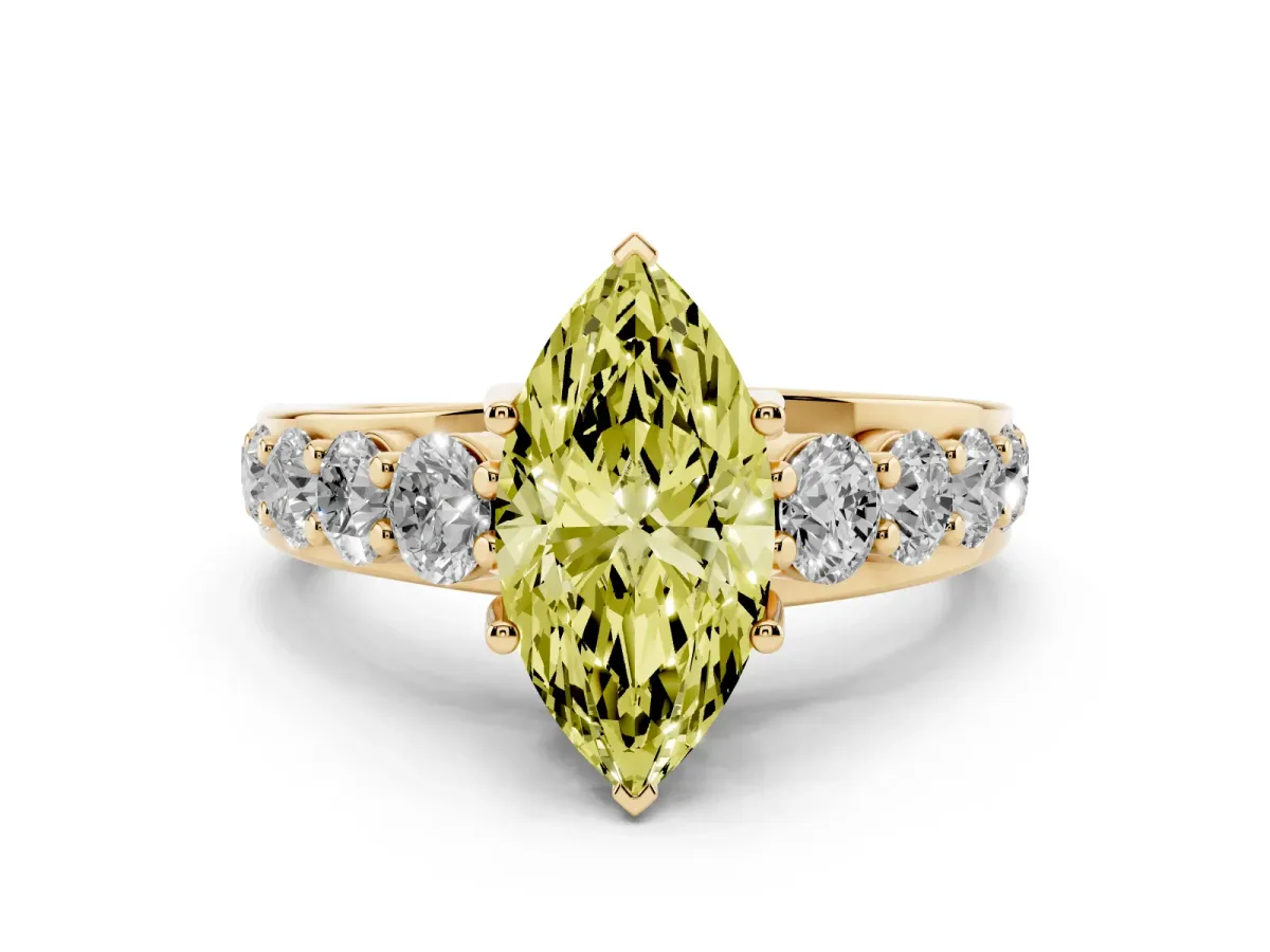 Fancy Yellow Marquise Cut Diamond Engagement Ring with Pavé Band and Four-Prong Setting Yellow gold