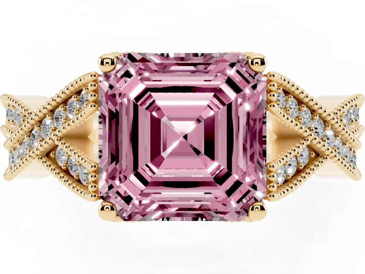 Fancy Pink Asscher Cut Cut Diamond Twisted Band with Milgrain Pave Setting and Four-Prong Setting Yellow gold