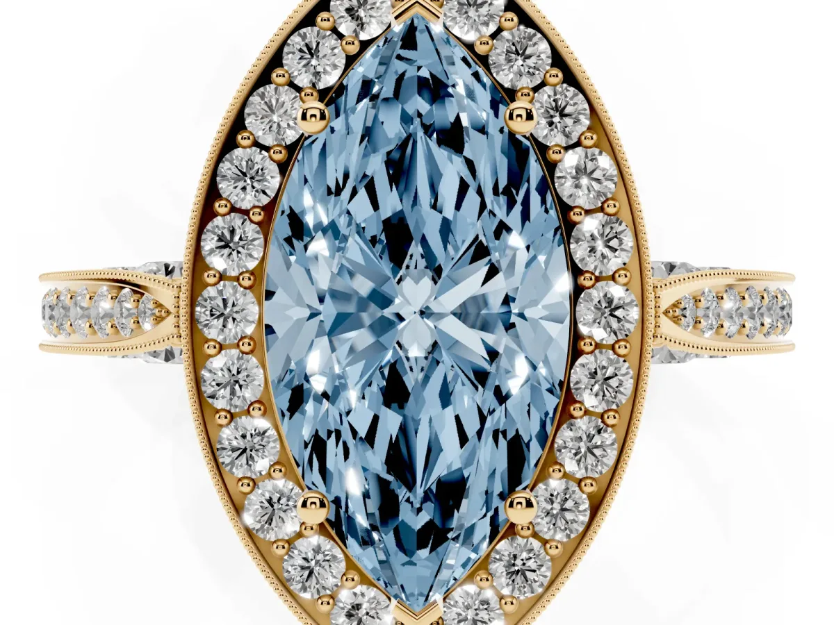 Fancy Blue Marquise Cut Halo Diamond Engagement Ring with Split Shank Band and Four-Prong Setting Yellow gold