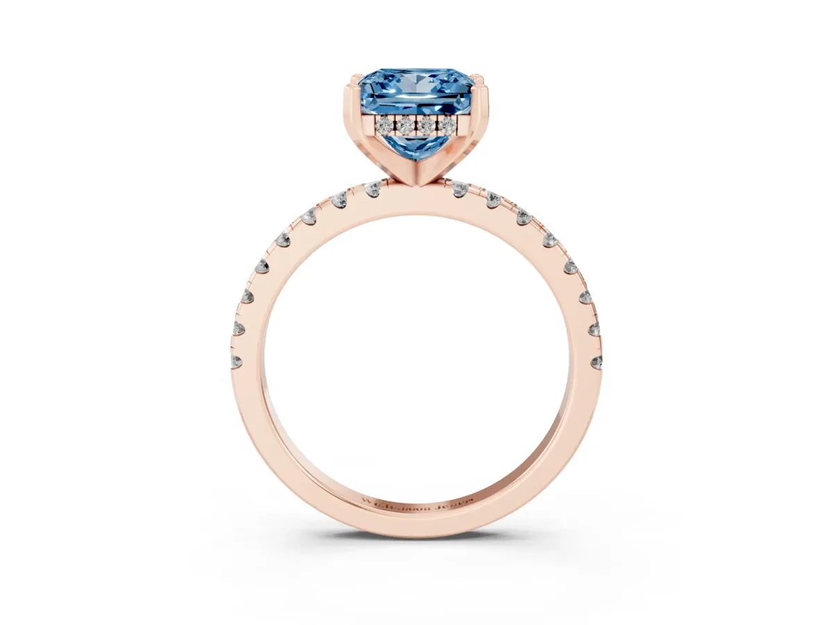 Fancy Blue Princess Cut Diamond Solitaire Ring with Round Pavé Band and Four-Prong Setting Rose gold